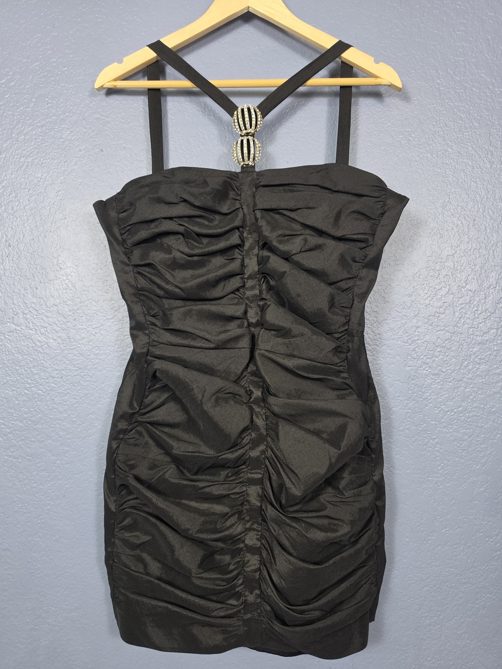 Jessica McClintock Black Ruched Mini Dress with Beaded Neck Detail